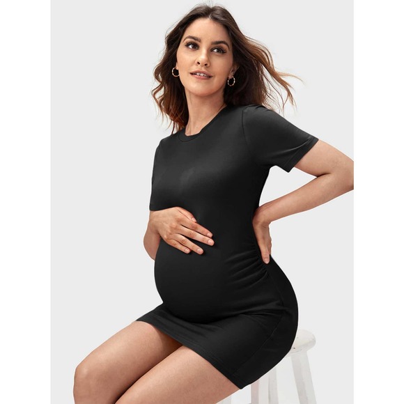 Maternity Solid Round Neck Bodycon Dress - Picture 1 of 11